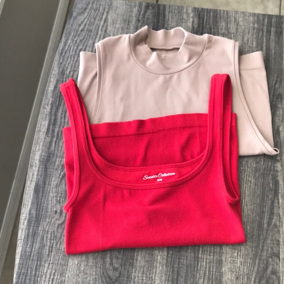 Sean Collection Tops - Vibrant Red and light brown Pink Tank Tops